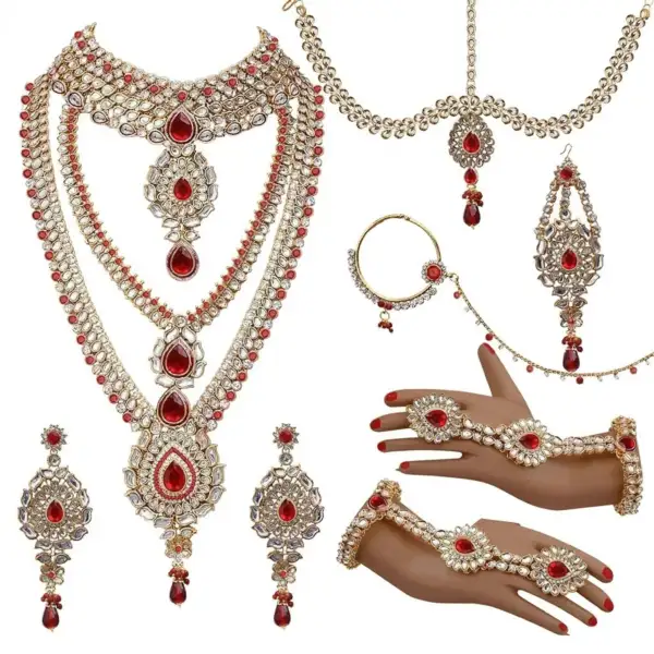 Bridal covering gold jewellery set South Indian bridal imitation jewellery necklace earrings maang tikka bangles wedding jewellery
